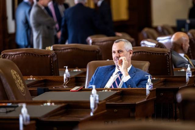 State Rep. Matt Schaefer, R-Tyler, at his desk on the House floor on Aug. 12, 2021. - Texas Tribune / Jordan Vonderhaar
