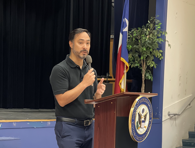 U.S. Rep. Joaquin Castro speaks at a San Antonio event on Wednesday night. - MICHAEL KARLIS