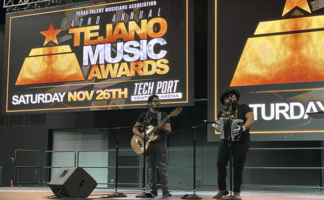 Three-time Grammy award-winning Tejano artist Sunny Sauceda performs following a press conference at San Antonio's Tech Port Arena. - Michael Karlis