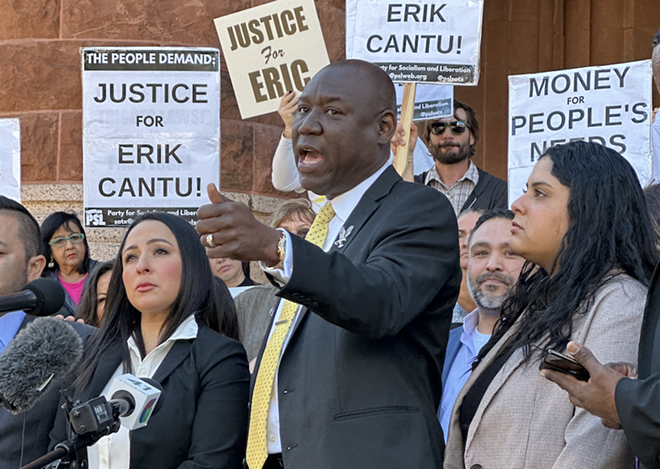Civil rights attorney Ben Crump holds a press conference in front of the Bexar County Courthouse. - Michael Karlis