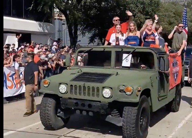 Astros fans loudly booed Texas Sen. Ted Cruz as he rolled through the streets of Houston in a military vehicle as part of the team's championship parade. - Twitter / Chancellor Johnson