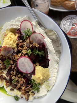 Southerleigh's new beet salad features whipped goat cheese, along with bacon and thyme-infused oats. - Nina Rangel