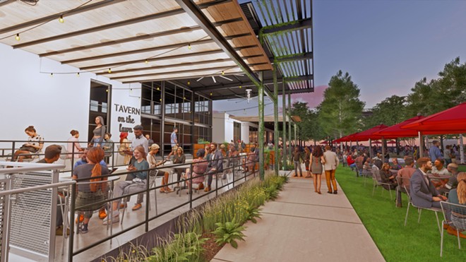 Renderings of Co-Op Marketplace show its outdoor space.  - Mogas + Gonzalez Associated Architects