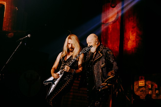 Judas Priest's Richie Faulkner and Rob Halford share a metal moment. - Oscar Moreno