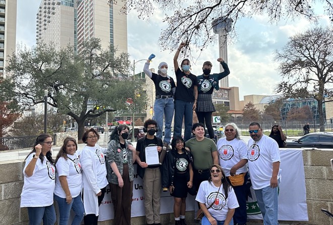 Organizers from Starbucks Workers United rally Friday afternoon at Labor Plaza in downtown San Antonio to commemorate the one year anniversary of the first Starbucks location to unionize. - Michael Karlis