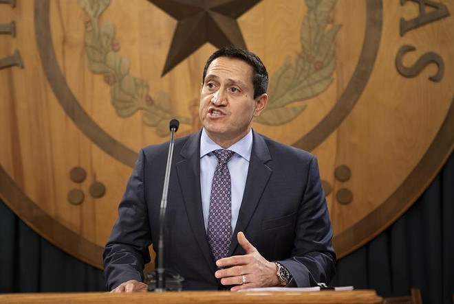 State Rep. Trey Martinez Fischer, D-San Antonio, speaks at a press conference in reaction to a property tax reform proposal by Gov. Greg Abbott, Lt. Gov. Dan Patrick and House Speaker Dennis Bonnen. The trio laid out their proposal earlier in the day. Jan. 31, 2019. - Texas Tribune / Miguel Gutierrez Jr.