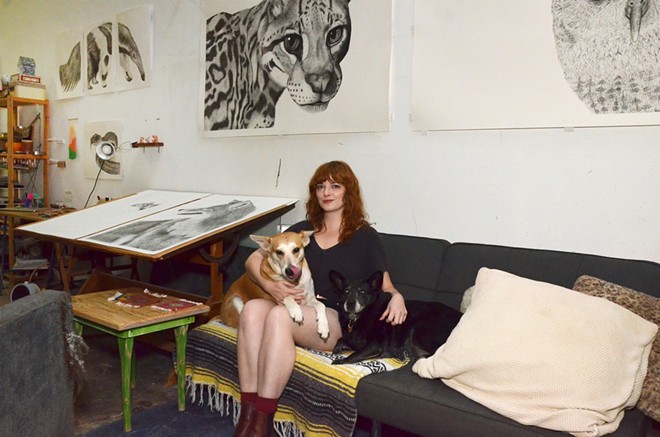 Artist Hilary Rochow’s canine companions Marnie and Tilly join her in her Southtown studio. - Bryan Rindfuss