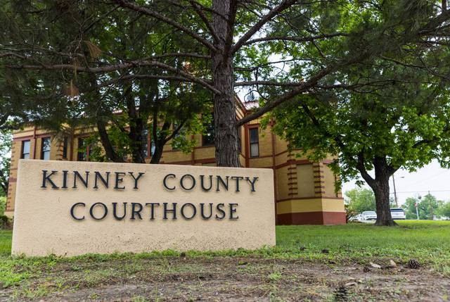 The Kinney County Courthouse in Brackettville on May 9, 2022. The county’s sheriff — on a CSPOA member list — and the county attorney planned to patrol the border by hiring private citizens as an official posse, using state funds. The plans were later dropped after some objections. - Texas Tribune / Chris Stokes