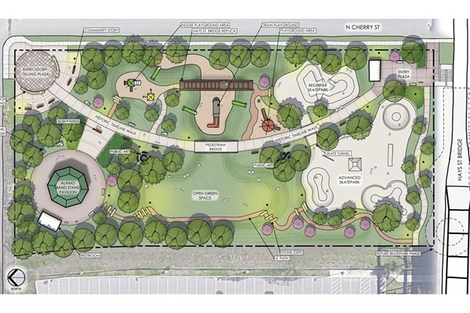 The park will include flexible green space, a playground, an event space, and a 12,000-square-foot skate park - Photo Courtesy Dunaway Associates