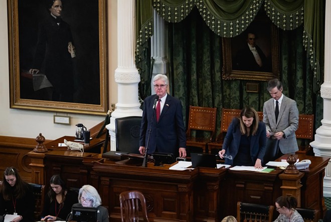 Lt. Governor Dan Patrick presides over the Senate at the Capitol in Austin on April 06, 2023. - Texas Tribune / Jordan Vonderhaar