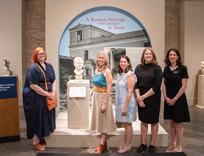 Laura Young (left) poses with the bust on display with UT Austin professor Stephennie Mulder, lawyer Leila A. Amineddoleh and SAMA curators Lynley McAlpine and Jessica Powers. - Courtesy Photo / San Antonio Museum of Art