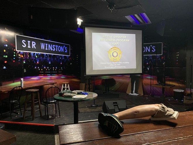 A prosthetic training device awaits students at an active-shooter training session last year at Sir Winston's Pub. - Nina Rangel