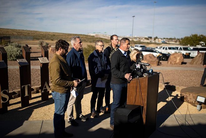 U.S. Rep. Tony Gonzales and other members of the GOP speak to reporters after touring the southern border on Nov. 22, 2022, in El Paso. - Texas Tribune / Ivan Pierre Aguirre
