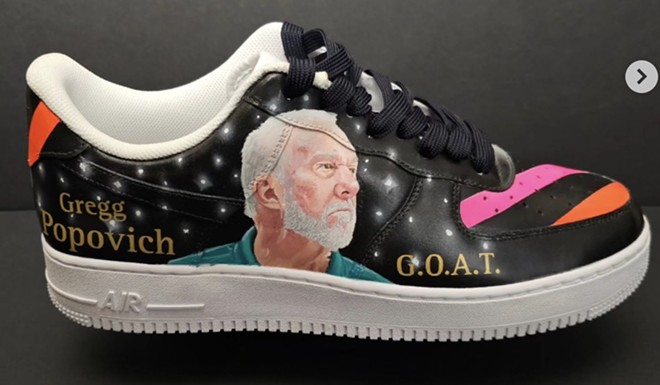 The one-of-a-kind shoes features Gregg Popovich's face and the phrase "G.O.A.T," an acronym for "Greatest of All Time." - Instagram / jc_texas_art
