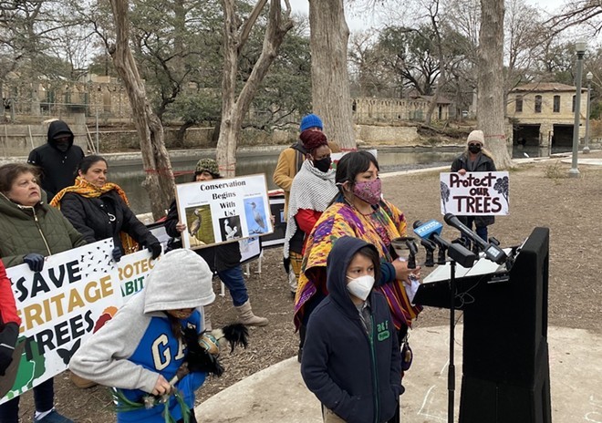 Environmental advocates and Indigenous people gather last year in Brackenridge Park to oppose the city's tree-cutting proposal. - Sanford Nowlin