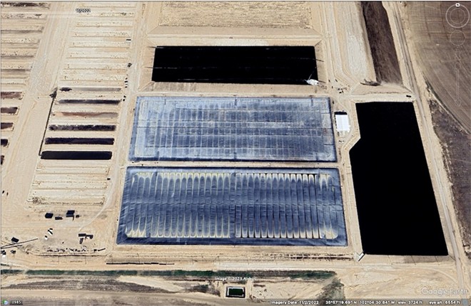 Covered manure lagoons or dairy digesters capture methane emissions as cow manure decomposes. The black plastic tarps at the North Dumas Farms appear to be collecting biogas as of November, 2022, but it remains unclear if the gas is being flared or injected into a gas pipeline for use as fuel. Credit: Google Earth - Google Earth