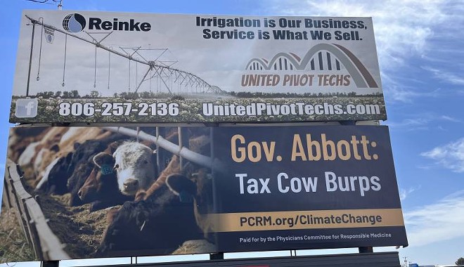 A billboard that went up in April, 2023 in Littlefield, Texas called on governor Greg Abbott to “tax cow burps.” The billboard was paid for by the Physicians Committee for Responsible Medicine. - Courtesy Photo / Physicians Committee for Responsible Medicine