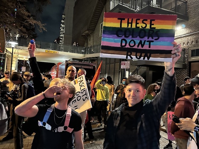 San Antonians counterprotest an armed militia group’s demonstration against a drag show last December. - Michael Karlis