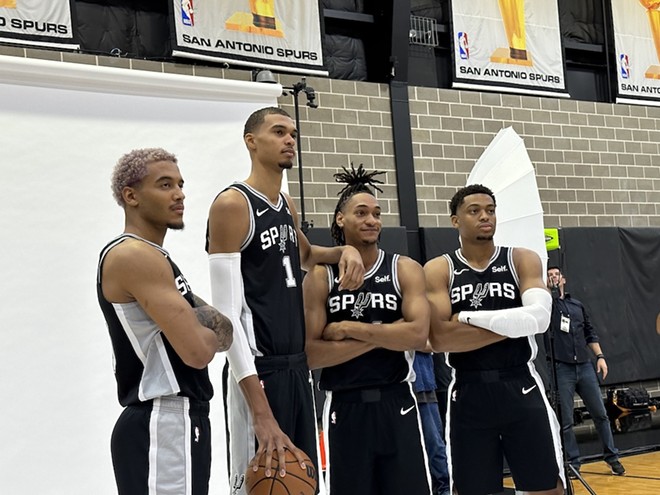 From left to right, San Antonio Spurs Jeremy Sochan, Victor Wembanyama, Devin Vassell and Keldon Johnson pose for reporters at the team's recent media day. - Michael Karlis