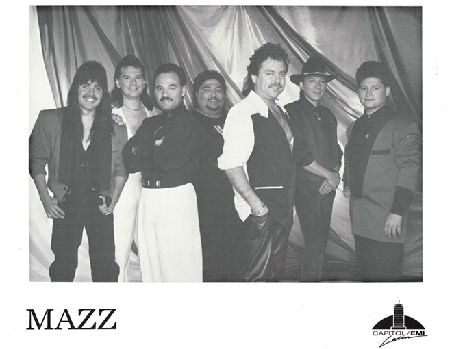 A decades-old promo photo shows off the Grupo Mazz lineup that included both Joe Lopez and Jimmy Gonzalez. - Courtesy Photo / Wittliff Collections