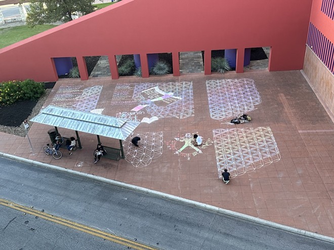 The mural created by chalk artist Lakey Hinson and his pals is located in a courtyard at San Antonio's Central Library near the intersection of Navarro and Augusta streets. - Michael Karlis