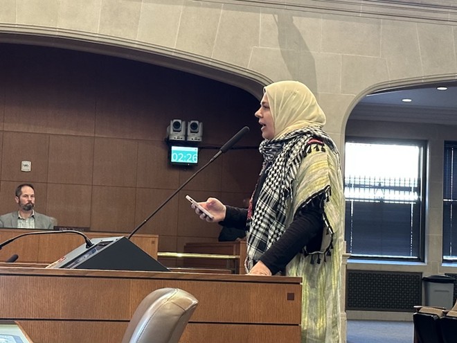 Nadia Mavrakis tells council that the rhetoric of some members is creating a safety risk for Arab Americans and others. - Michael Karlis