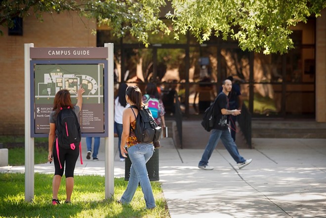 Students head to class on the second day of the semester at San Jacinto College's North Campus in Houston in this 2014 file photo. - Texas Tribune / Michael Stravato