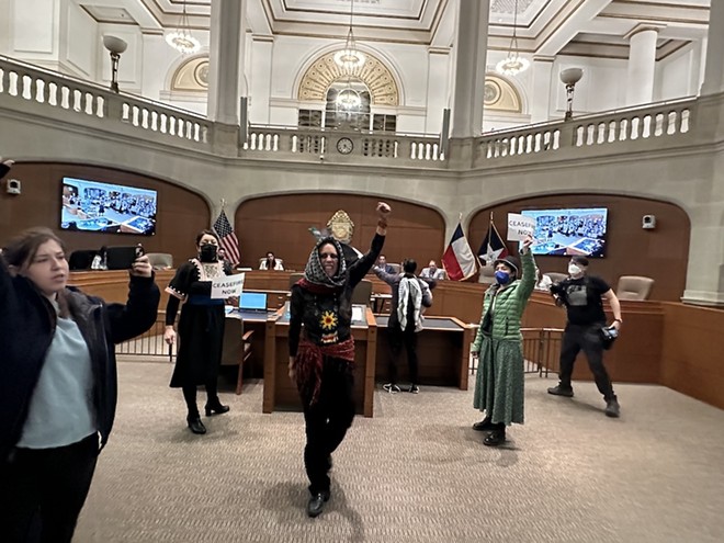 indigenous woman Mazatl Cihuatl rallies pro-Palestine supporters during San Antonio City Council's public comment session on Wednesday. - Michael Karlis