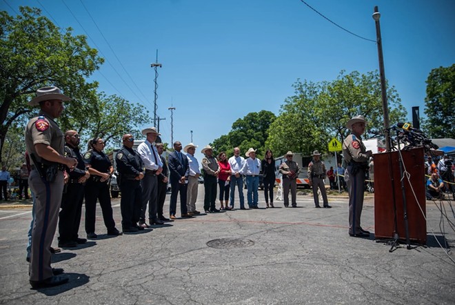 Texas Department of Public Safety officers hold a press conference on Thursday, May 26, 2022 in Uvalde. Twenty one people were killed after a gunman opened fire inside Robb Elementary School, where two teachers and 19 students were killed. - Texas Tribune / Sergio Flores