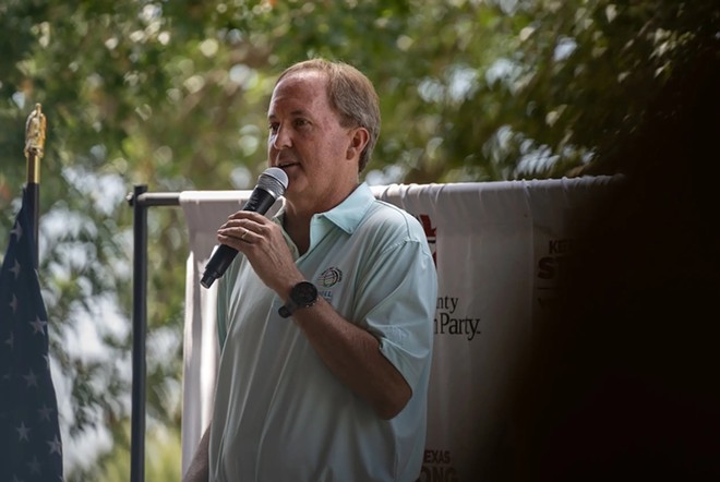 Texas Attorney General Ken Paxton speaks at the Collin County Labor day picnic in Plano on Sept. 2, 2023. His office is seeking information on transgender patients from at least two out-of-state health care centers. - Texas Tribune / Azul Sordo