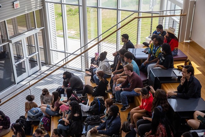 Early College High school juniors listen to a presentation on college applications at the Austin Community College's Round Rock campus on May 5, 2023. - Texas Tribune / Leila Saidane