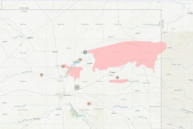Screenshot of a map of the fires raging in the Texas Panhandle taken at 10:22 A.M. on Wednesday, Feb. 28, 2024. The largest, the Smokehouse Creek Fire, is the second largest wildfire in Texas history. - Texas A&M Forest Service