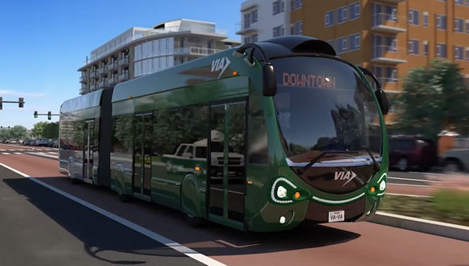 A conceptual image shows a VIA Green Line vehicle moving along its dedicated lane. - Courtesy Image / VIA Metropolitan Transit