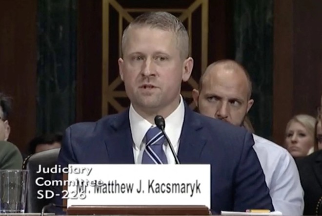 In a still image from a video, Matthew Kacsmaryk, deputy counsel for the First Liberty Institute, answers questions during his nomination hearing by the U.S. Senate Committee on the Judiciary at the U.S. Capitol in Washington, D.C., on Dec. 13, 2017. - Pool via Reuters