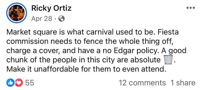 El Camino owner Ricky Ortiz suggested making Market Square a paid Fiesta event following a shooting in April in which two young men died. - Screenshot / Facebook