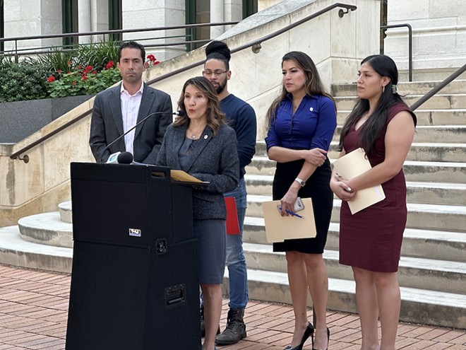District 2 Councilman Jalen McKee-Rodriguez, District 5's Teri Castillo, District 6's Melissa Cabello Havrda, District 7's Marina Alderete Gavito and District 10 Marc Whyte hold a press conference at City Hall on Thursday. - Michael Karlis