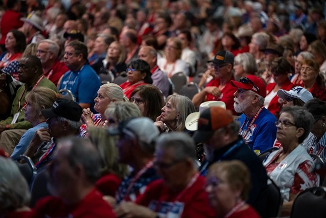 Conventioneers listen to speeches during the Texas GOP Convention Friday, May 24, 2024 in San Antonio. - Texas Tribune / Eli Hartman
