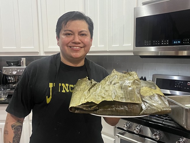 San Antonio Chef Jesse Kuykendall, known to many as "Chef Kirk," shows off a family-style tamal steamed in banana leaves. - Courtesy Photo / Chef Kirk