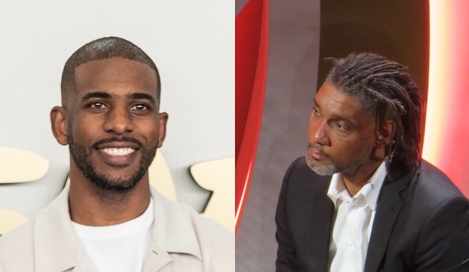 As speculation arose that Chris Paul (left) would soon become a Spur, an old photo made the rounds showing him with San Antonio legend Tim Duncan. – Left: Shutterstock / lev radin; Right: Allen Rindfuss
