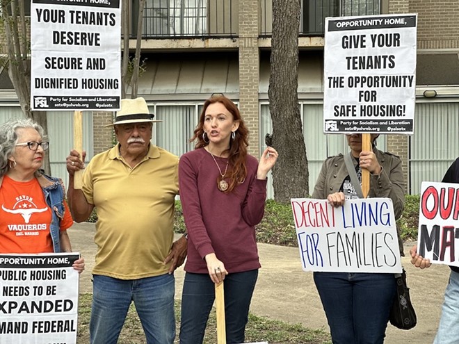 San Antonio Tenants Union organizers speak to reporters last year about the lack of security at Opportunity Home apartments. - Michael Karlis