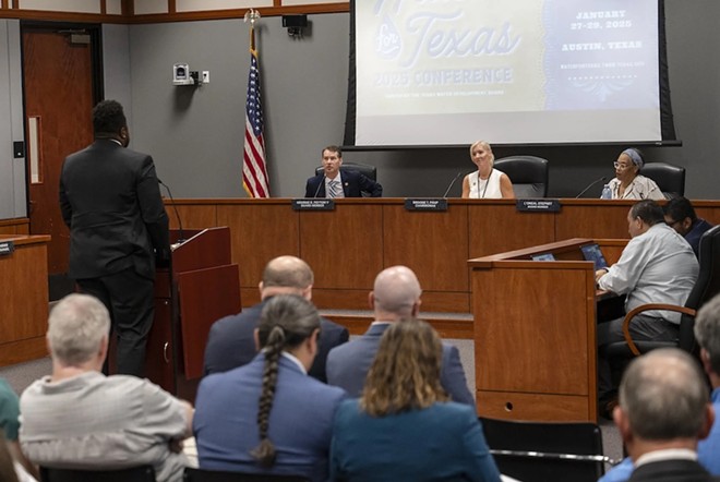 Director of the Program Administration and Reporting division of the Texas Water Development Board’s Water Supply and Infrastructure Department Marvin Cole-Chaney speaks to the water development board on Tuesday in Austin. - Texas Tribune / Eli Hartman