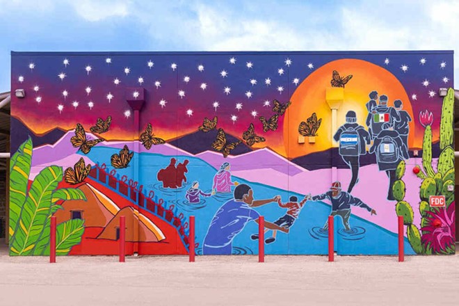 The mural, titled Sacrificios, was created by the Luminaria Mural Team, which includes Adrian De La Cruz, Andrea Rivas and Mauro de la Tierra. - Courtesy Photo / Luminaria