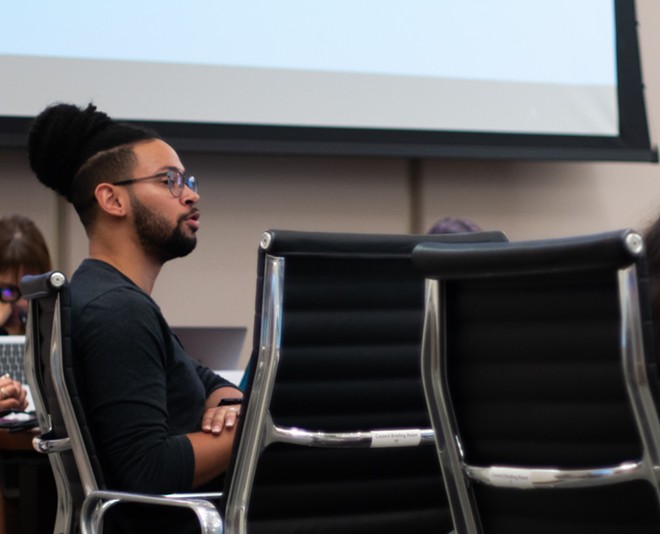 District 2 City Councilman Jalen McKee-Rodriguez airs his concerns about the demolition of the Soap Factory Apartments during Council's A Session on Wednesday. - Adam Doe