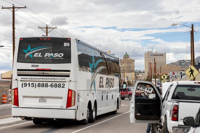 A bus with dozens of migrants leaves an El Paso shelter and heads to New York City on Aug. 31, 2022. The city and county of El Paso sponsored the voluntary bus trips to relieve pressure on local shelters that summer. - Texas Tribune / Ivan Pierre Aguirre