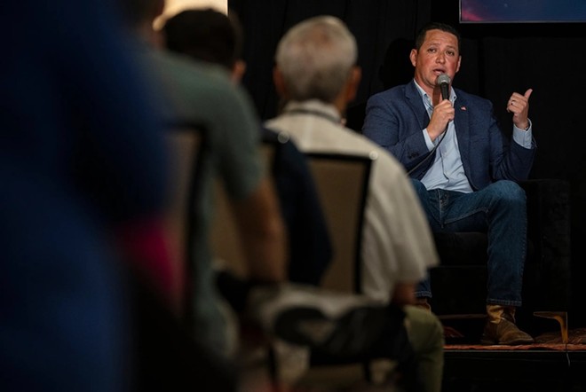 Tony Gonzales is interviewed by moderator Jake Sherman during a one-on-one conversation at The Texas Tribune Festival in Austin on Sept. 5, 2024. - Texas Tribune / Eli Hartman