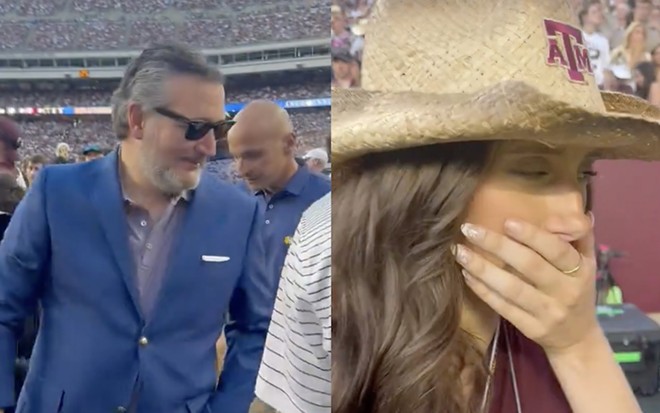 College football fan Lucy Rohden (right) pretends to be nauseated as U.S. Sen. Ted Cruz approaches her on the Texas A&M sidelines. - Screen Capture / @lucy_rohden