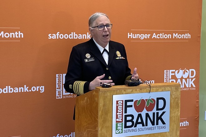 Admiral Rachel L. Levine, assistant secretary of the U.S. Department Health and Human Services, speaks at the San Antonio Food Bank. - Sanford Nowlin