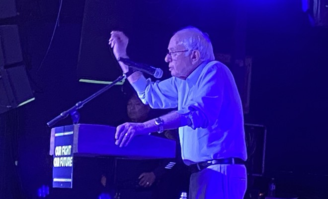 U.S. Sen. Berne Sanders speaks Monday night at San Antonio's Paper Tiger. - Sanford Nowlin