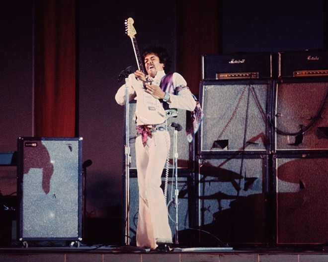 Jimi Hendrix wails onstage. "He wasn’t trying to teach a guitar clinic when he was playing," Shepherd said of the six-string legend. "He was writing songs to connect with people." - Chuck Boyd ©Authentic Hendrix LLC