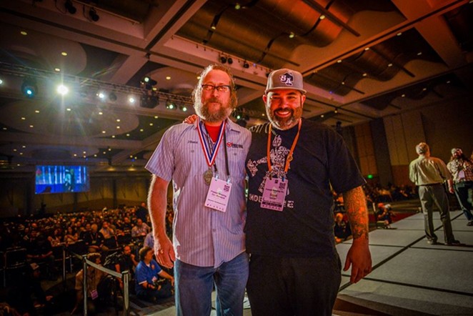 Freetail's head brewer Jason Davis (left) and owner Scott Metzger during 2017's Great American Beer Festival awards ceremony - PHOTO © BREWERS ASSOCIATION